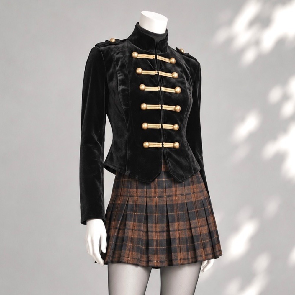 Eva Mendes Black Velvet Military Jacket XS Gold Marching Band Indie Whimsigoth